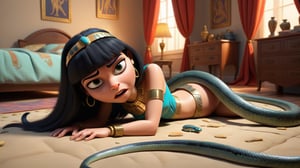 Cleopatra is dead on the ground in her bedroom and snake crawling ariund her , 3d render ,pixar style.