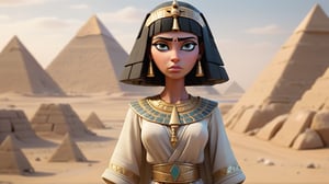 Show Cleopatra in a desolate, barren landscape, having been exiled from Egypt. She looks determined and resolute, wearing a simple yet elegant robe, with the pyramids and the Nile River faintly visible in the distant background, 3d render, pixar style