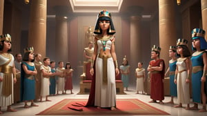 Capture a dramatic scene of Cleopatra arguing with her younger brother in a grand throne room. Cleopatra stands defiantly, dressed in royal garb, while her brother, in simpler attire, glares at her angrily. The room is filled with tension, under the watchful eyes of courtiers and advisors, 3d render, pixar style