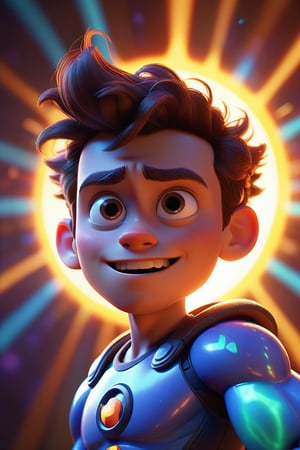 Pixar-style, 3D rendered, 32K, HD, highly detailed, high-resolution image of a character looking vibrant and energetic with a glowing aura around them, holding a StrongLife patch. The background is filled with bright, positive colors and rays of light