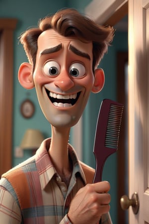 A poor husband entering his poorly house holding hair comb in his hand , expression he is smiling, eyes fill with tears, huging his wife(she has very very short hairs). Pixar style , 3d render.
