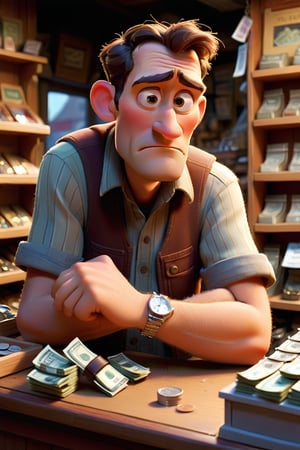 Illustrate the husband at a small, modest shop, selling his broken watch. The shopkeeper hands him a small amount of money. The husband looks determined and hopeful.
Style: Pixar-style, with a focus on the humble setting and the husband’s determined expression.