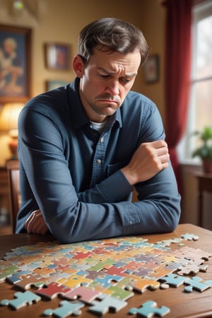  A man struggling to solve a puzzle but refusing to give up.
Details: The person is surrounded by puzzle pieces, looking determined and thoughtful. The background shows a comfortable room with a table and decorations.