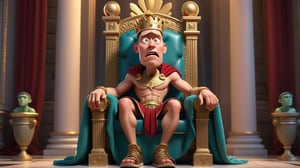 Julious Caesar sits on a lavish throne, looking astonished and surprised, 3d render, pixar style.