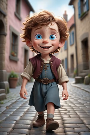 Create a highly detailed, 3D animated portrait of a young boy with strikingly expressive blue eyes, a wide smile, and a look of innocent wonder. The child should have freckles and tousled brown hair, with the lighting highlighting the texture of the skin and hair. Position the child on a cobblestone street, with the background subtly blurred to keep the focus on the child's face. The setting should suggest a historical or medieval context, with the child wearing pri cess pink dress. The overall tone of the image should evoke a sense of curiosity and adventure, capturing the child's awe and excitement at exploring their surroundings, he is wearing princes cloths now.