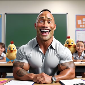 Dwayne Johnson with smile very big funny head and very short tiny body and wearing school unifarm and two poni tails  on his head ,sitting in class room faceing students white board in her background, and chick image in whiteboard, 32k, 3d render, hd, highlidetailed