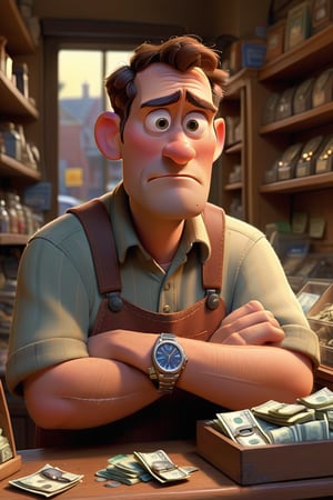 Illustrate the husband at a small, modest shop, selling his broken watch. The shopkeeper hands him a small amount of money. The husband looks determined and hopeful.
Style: Pixar-style, with a focus on the humble setting and the husband’s determined expression. Highly detailed