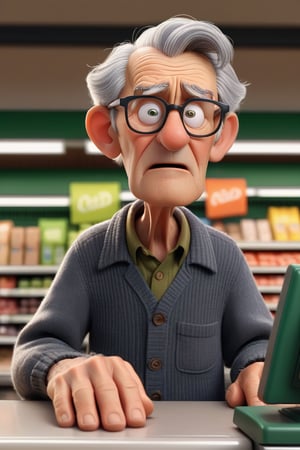 A close-up view of an old man with grey hair and glasses standing at a supermarket checkout. His hands are trembling slightly as he places his items on the counter. The background shows impatient customers with annoyed expressions. 3d render, pixar style.

Image Focus: The old man's face and hands, capturing his gentle demeanor and the frustration in the background.