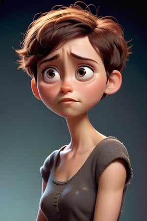 A very poor looking women with very very short hair, pixar style, 3d eender.
