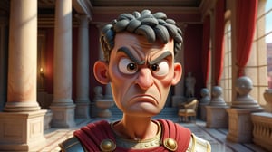 Octavian(roman leader) standing in his palace yaard he look so angry, 3d render, pixar style