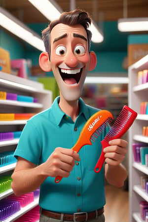 Show the husband purchasing a new comb at a small, simple store. He looks excited and happy, holding the comb as if it is a treasure.
Style: Pixar-style, bright and cheerful colors to reflect the husband’s happiness