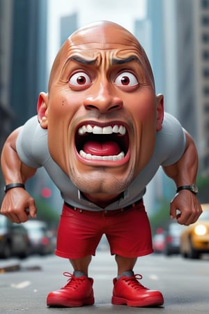 Dwayne johnson is runny with his big head and big face and tiny legs wearing red shoesis a very funny way with big head and face and tiny body intence scared expression , 32k , hd, fhd, 3d render, highly reaulustion.,3d pixarstyle