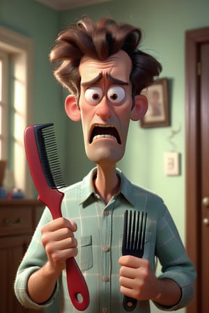 A poor husband entering his poorly house holding hair comb in his hand , expression very surprized, pixar style , 3d render.