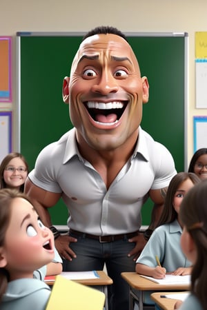 Dwayne Johnson with smile very big funny head and big fat girl standing in class room faceing students white board in her background, and chick image in whiteboard, 32k, 3d render, hd, highlidetailed