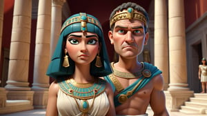 Cleopatra and Mark Antony(roman leader) standing in roman palace  3d render, pixar style