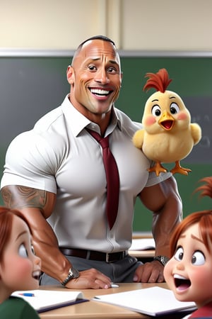 Dwayne Johnson with smile very big funny head and very short tiny body and wearing school unifarm and two poni tails sitting in class room faceing students white board in her background, and chick image in whiteboard, 32k, 3d render, hd, highlidetailed