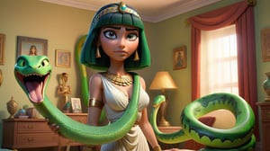 Cleopatra standing alon in her bedroom and she is holding a big green snake, 3d render ,pixar style.