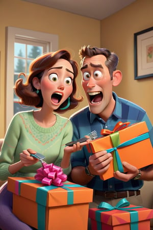 Illustrate the husband returning home and giving the wife a new comb while she gives him a new watch strap. They are both holding their gifts and looking surprised.
Style: Pixar-style, bright and warm colors to emphasize the surprise and joy on their faces.