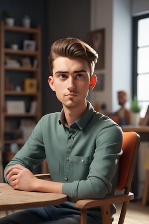 A handsom 24 year old man sitting in his studio on chair table is in front of him, he is looking toward camera and talking ,3d render