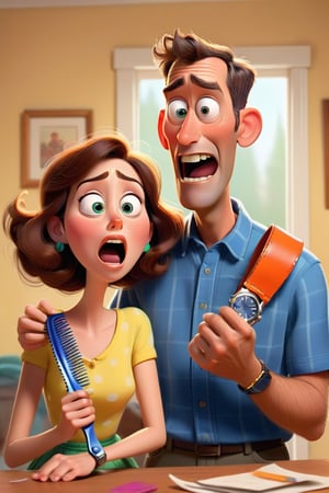 Illustrate the husband returning home and giving the wife a new comb while she gives him a new watch strap. They are looking surprised.Pixar-style, bright and warm colors to emphasize the surprise and joy on their faces.