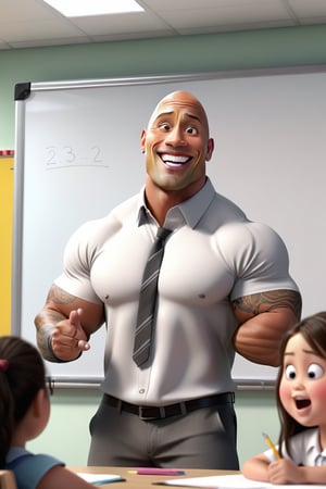 Dwayne Johnson with smile very big funny head and big fat girl standing in class room faceing students white board in her background, and chick image in whiteboard, 32k, 3d render, hd, highlidetailed
