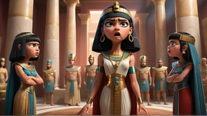 Capture a dramatic scene of Cleopatra arguing with her younger brother in a grand throne room. Cleopatra stands defiantly, dressed in royal garb, while her brother, in simpler attire, glares at her angrily. The room is filled with tension, under the watchful eyes of courtiers and advisors, 3d render, pixar style