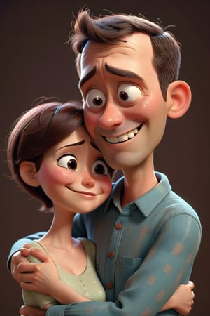 A poor husband , huging his wife(she has very very short hairs) ,expression he is smiling, eyes fill with tears, Pixar style , 3d render.