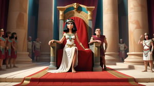 Illustrate Cleopatra’s dramatic entrance as she emerges from the unrolled carpet in front of Julius Caesar. Caesar sits on a lavish throne, looking astonished and captivated by Cleopatra’s beauty and intelligence, with Roman soldiers and advisors looking on in surprise.”
Keywords: Cleopatra, Julius Caesar, carpet entrance, Roman throne, surprise.pixar styel 3dernder