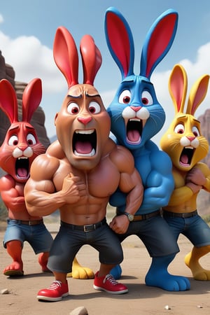 3(red bunny, blue bunny, yellow bunny) big bunnies attacking Dwayne Johnson in very funny way , Dwayne johnson is runny with his big head and big face and tiny legs wearing red shoesis a very funny way with big head and face and tiny body intence scared expression , 32k , hd, fhd, 3d render, highly reaulustion.,3d pixarstyle