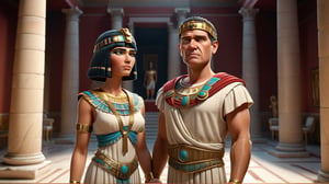 Cleopatra and Mark Antony(roman leader) standing in roman palace  3d render, pixar style