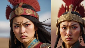 Close-up portrait of Khutulun with determined expression, wearing ornate Mongol headdress. Split-screen effect: left side shows princess attire, right side shows wrestling gear. Warm golden tones with deep reds. 