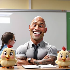 Dwayne Johnson with smile very big funny head and very short tiny body and wearing school unifarm and two poni tails  on his head ,sitting in class room faceing students white board in her background, and chick image in whiteboard, 32k, 3d render, hd, highlidetailed