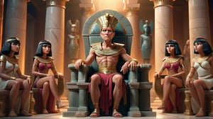 Caesar sits on a lavish throne, looking astonished and captivated by Cleopatra’s beauty and intelligence, with Roman soldiers and advisors looking on in surprise, 3d render, pixar style.