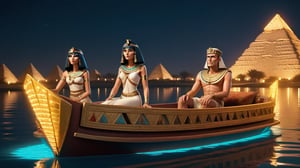 Cleopatra and Mark Antony on a luxurious barge, decorated The water reflects the flickering lights, and the pyramids are faintly visible in the distance, 3d render, pixar style
