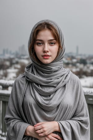 A full-body shot of Jia Lissa, wearing a light grey hijab with natural makeup and a serene expression. As she poses gracefully, she tosses her hair underneath the hijab, creating a subtle sense of movement in the fabric. The hijab remains elegantly draped, framing her face. The background features soft, natural lighting with a blurred cityscape behind her, capturing a peaceful, respectful tone. The image focuses on the elegance of the hijab and the beauty of the model, with high-quality photography, realistic textures, smooth skin, and a cinematic tone."