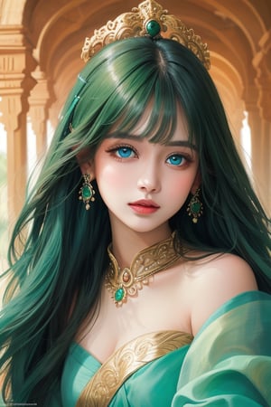 portrait photographe andergynouse hunnumes, oval jaw, delicate features , beautifull face ,long heair long bangs long poniteail, bright blue green eyes hindu art, chou (module)