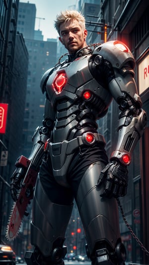 Dark_Fantasy,Cyberpunk,(chain saw,chain saw man,Red:1.1),1man,Mechanical marvel,Robotic presence,Cybernetic guardian, wearing a worn-out mech suit, intricate, (steel metal [rusty]), elegant, clear focus, shot by greg rutkowski, soft lighting, vibrant colors, masterpiece, ((street)), cowboy shot, dynamic pose,