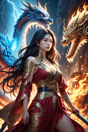 xxmix_girl,a very beautiful asian woman, long dark hair,  in red dress  is sword fighting against a samurai warrior, on a red cloud background, in the style of realistic fantasy artwork, hyper-realistic,3d animation,FFIXBG, dragon in the background ,Katon,3va,Oriental Dragon,(fire, lightning),1 girl