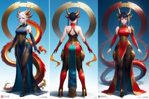 3-view character design of 1 girl, masterful, long intricate horns inspired by dragon year, dragon-themed attire with glass elements, looking at viewer, Chinese girl with goth style, sfw, complex background, rock_2_img, bg_imgs, golden color, incorporating game character design elements, emphasizing Chinese dragon themes, front, side, and back views, detailed and intricate design, by FuturEvoLab, (masterpiece: 2), best quality, ultra highres, original, extremely detailed, perfect lighting