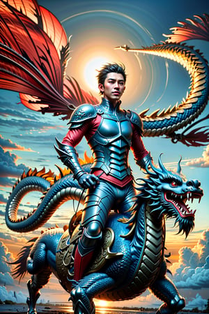 high quality, highly detailed, fantasy, warrior man,man,riding dragon ,warrior,wearing Armor,sword in hand,dragon,beautiful sky,clouds, sunlight,intricate lighting,potrait,ws7,flying in sky,sky lantern,Riding dragon ,Dragon ,Oriental Dragon,Young beauty spirit 