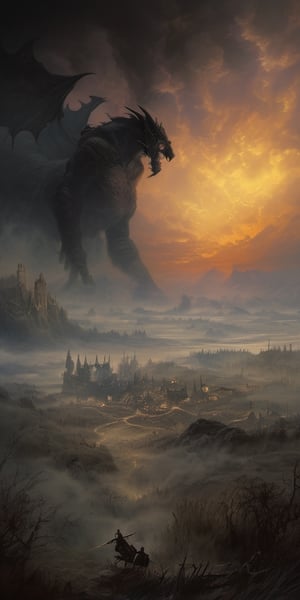 dark fantasy art style, knight fighting a giant fantasy dragon, burned village in background, highly detailed, morning dawn, (mystical dense fog), oil and watercolor painting, epic scene, (dense smoke by Kim Keever), dark, moody, dark fantasy in style of Frank Frazetta, Bosstyle, , ,sci-fi,Movie Still