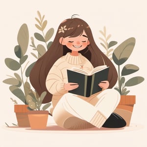 Flat Design, 1girl, solo, long hair, book, plant, closed eyes, sitting, pants, smile, blush, black pants, white background, brown hair, sweater, bangs, socks, long sleeves, white sweater, white socks, potted plant, indian style, holding, simple background, open book, closed mouth, full body