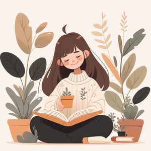 Flat Design, 1girl, solo, long hair, book, plant, closed eyes, sitting, pants, smile, blush, black pants, white background, brown hair, sweater, bangs, socks, long sleeves, white sweater, white socks, potted plant, indian style, holding, simple background, open book, closed mouth, full body