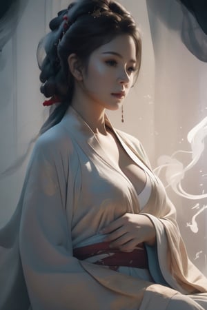 Double Exposure Style, Volumetric Lighting, a girl with Wrap top,big breast,arching her back,Traditional Attire,Artistic Calligraphy and Ink,, light depth, dramatic atmospheric lighting, Volumetric Lighting, double image ghost effect, image combination, double exposure style