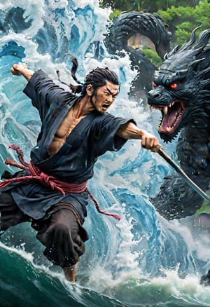 amazing quality, masterpiece, best quality, hyper detailed, ultra detailed, UHD, perfect anatomy, portrait, dof, hyper-realism, majestic, awesome, inspiring, Bosstyle, feudal shinobi Kuro Shozoku fighting against a giant Ghibli inspired water spirit, cinematic composition, soft shadows, national geographic style