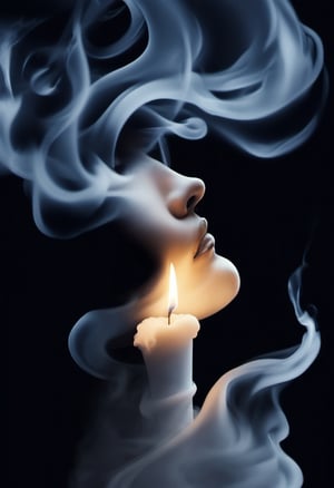 Wisps of smoke rising from a candle in the form of a woman's profile