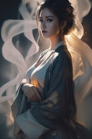 Double Exposure Style, Volumetric Lighting, a girl with Wrap top,arching her back,Traditional Attire,Artistic Calligraphy and Ink,, light depth, dramatic atmospheric lighting, Volumetric Lighting, double image ghost effect, image combination, double exposure style