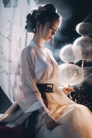 Double Exposure Style, Volumetric Lighting, a girl with Tulle skirt,head tilt,Traditional Attire,Artistic Calligraphy and Ink,, light depth, dramatic atmospheric lighting, Volumetric Lighting, double image ghost effect, image combination, double exposure style