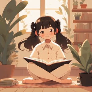 Flat Design, 1girl, solo, barefoot, book, short sleeves, shirt, white shirt, reading, lying, smile, plant, on stomach, blush, open book, brown eyes, collared shirt, braid, long hair, holding, pants, closed mouth, feet up, brown hair, twin braids, bangs, potted plant, looking down, black pants, full body, black hair, skirt, indoors, sparkle, twintails, soles