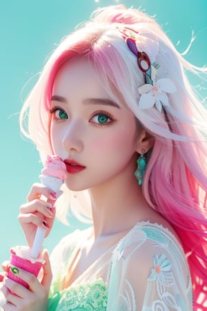 (1cute girl),  wearing eyeglasess,  holding ice cream,  long aqua curly hair,  green eyes,  wearing a beautiful pink lace dress. White skin,  splat art background,  eye_detail,  background_detail,  face_detail,  hair_detail,  more_detail,  add_detail,  adddetailed,  cute_face,  white_skin,  midjourney_style,  midjourney_art,  full_body,  colorful_detail,  watercolor_(artwork),  light_particles., 1girl, , , , , 